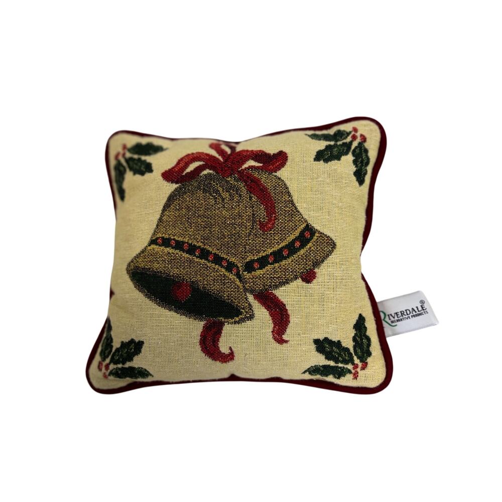 Vintage Riverdale Christmas Tapestry Accent Pillow Golden Holiday Bells & Holly